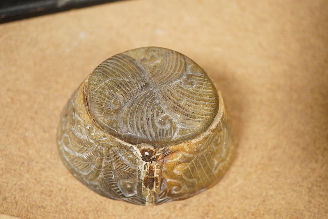 A Japanese lacquer box and a horn carving, box 30cm wide